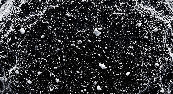 Microscopic view of cell surface with white particles and cracks on black surface
