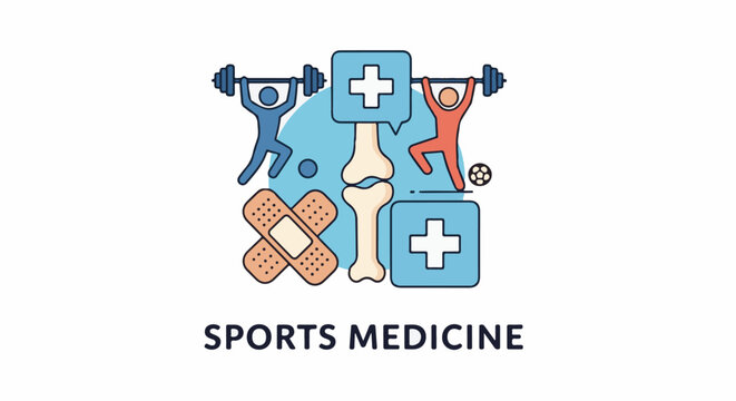 A sports medicine logo with a bone, band-aids, and athletes lifting weights