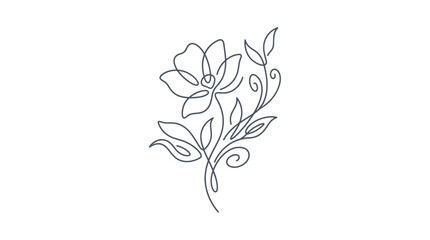 Fototapeta premium Elegant floral bloom with continuous line art and decorative leaves