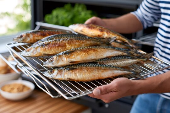 Person holding grilled mackerel fish on barbecue rack