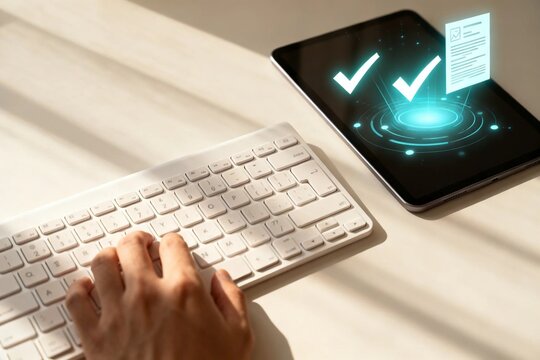 Hand typing on keyboard with digital tablet showing checkmarks