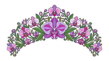 Purple and pink orchid flower tiara with green leaves and vines © Entus