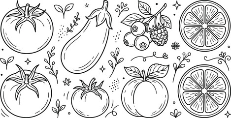 Fresh organic fruits and vegetables line icon set with tomato eggplant orange berry doodle linear vector illustration layout © MDSAIFUL