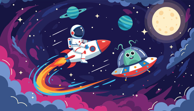 Fun space scene with an astronaut riding a rocket and a cute green alien in a UFO flying among stars and planets.