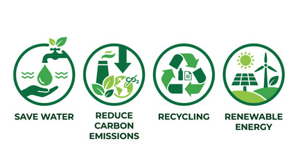 Fototapeta premium Eco friendly icons, green energy symbols, save water, reduce emissions