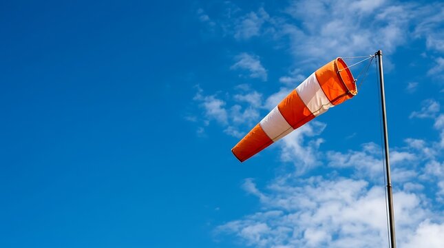 Orange and white windsock blowing against a clear blue sky