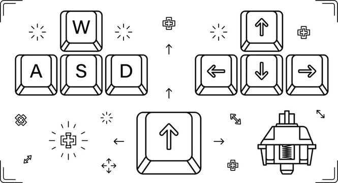 Keyboard WASD gaming control line icon set with mechanical switch arrow keys movement gameplay linear vector illustration concept