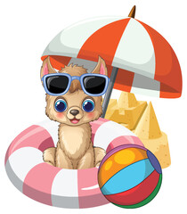 Fototapeta premium Cute Cartoon Alpaca with Sunglasses and Beach Accessories Vector Illustration
