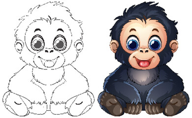 Obraz premium Cute Baby Gorilla Cartoon Character with Line Art Version