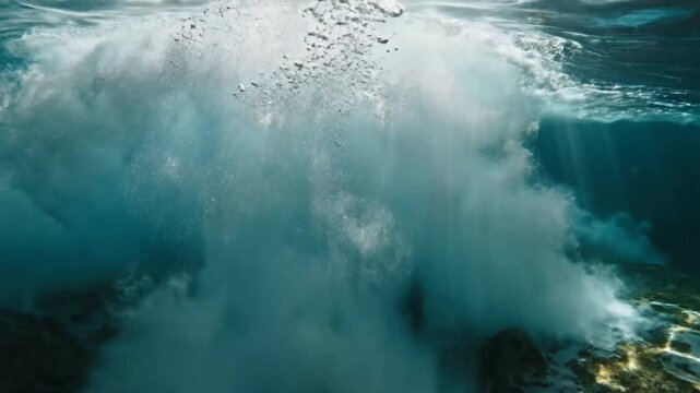 Underwater view of a breaking ocean wave with bubbles rising towards the surface and sunbeams filtering through