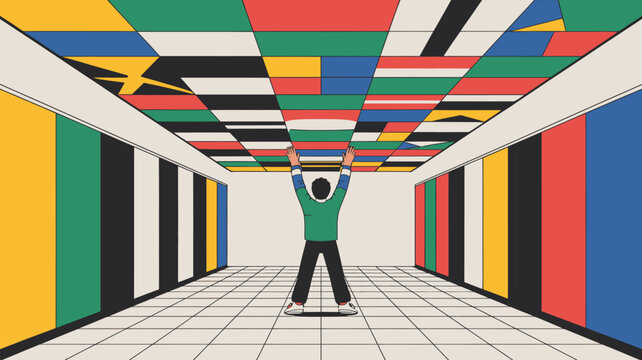 Person stands in a room covered in various international national flags representing global unity and cultural diversity.