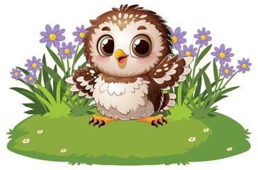 Obraz premium Cute Baby Owl Standing on Grass with Purple Flowers Background