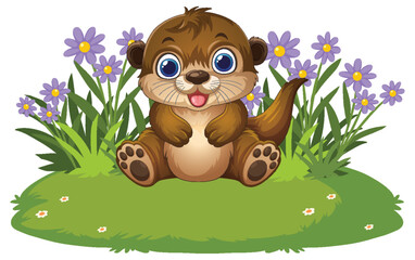 Obraz premium Adorable Baby Otter Character Sitting on Grass with Purple Spring Flowers