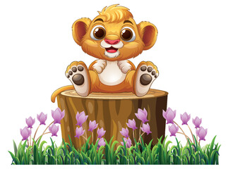 Obraz premium Cute Cartoon Lion Cub Sitting on a Tree Stump with Flowers