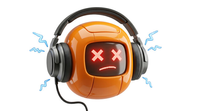 Angry robot head wearing headphones, frustrated expression