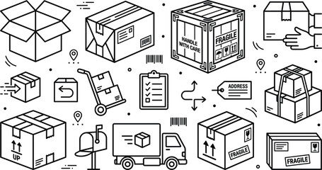 Logistics shipping delivery line icon set with cardboard boxes truck crate clipboard mail handle with care vector illustration © MDSAIFUL