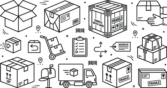 Logistics shipping delivery line icon set with cardboard boxes truck crate clipboard mail handle with care vector illustration