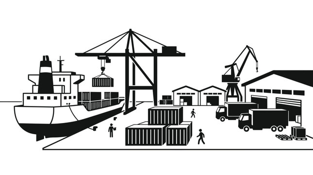 Container ship being loaded at a commercial port terminal.