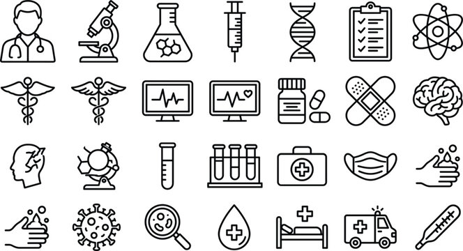 Medical and healthcare line icon set with doctor microscope syringe brain ambulance virus flask linear vector illustration concept
