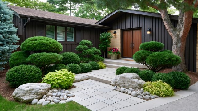 Modern home landscaping with manicured shrubs and flagstone path