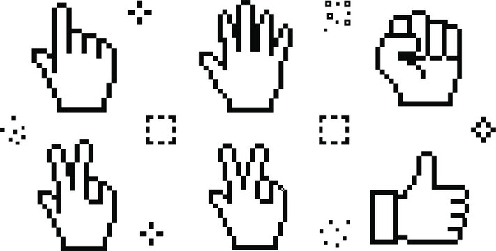 Pixel art hand cursor icon set with pointer click grab fist peace sign thumbs up retro vector illustration