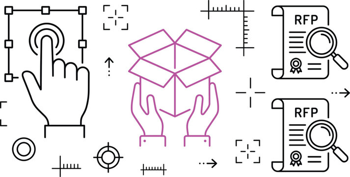 Product development RFP procurement line icon set with packaging box hand selector document analysis linear vector illustration concept