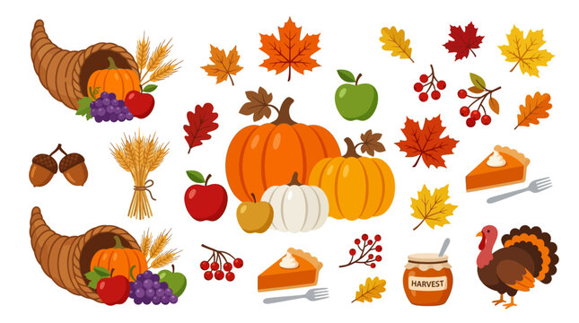 A colorful Thanksgiving celebration scene with cornucopias, pumpkins, turkeys, and fall leaves on a table indoors.