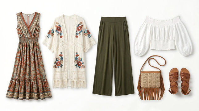 Top-down fashion flat-lay of six coordinated bohemian eclectic wardrobe pieces arranged left-to-right on a clean white background
