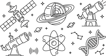 Science and astronomy vector line art icon set featuring satellite telescope saturn planet atom structure and dna strand © MDSAIFUL