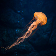 Luminous Orange Jellyfish Swimming in Deep Blue Ocean Water © tsb