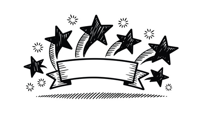 Decorative banner template with sketched black stars and firework bursts for award celebration design element.