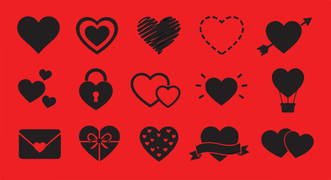 Red Black Icons Collection On White Background Valentine s Day Symbols And Romantic Elements affection amore arrow balloon card