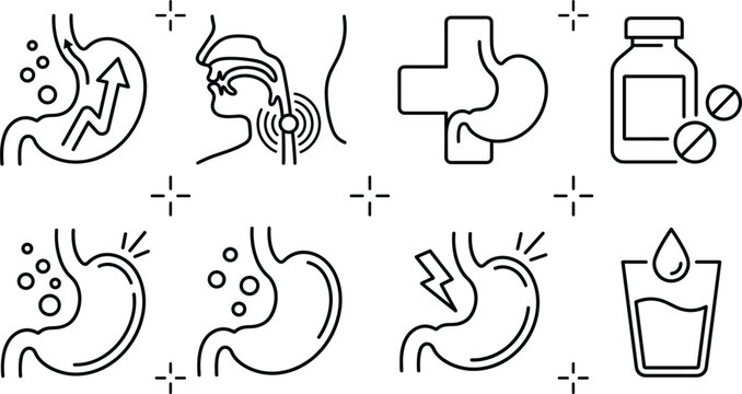 Stomach ache line icon set with acid reflux heartburn medicine bottle indigestion bloating pain and gastroenterology healthcare elements