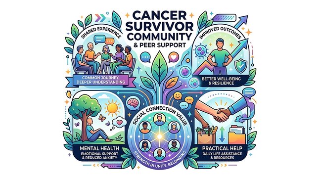 Infographic about cancer survivor community and peer support benefits