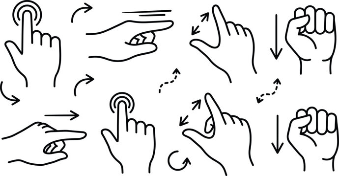 Touch screen hand gesture line icon set with swipe tap pinch zoom fist linear vector illustration device interface