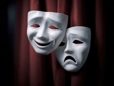 Classic Comedy and Tragedy Theater Masks Hanging on Stage Curtain. AI generative.