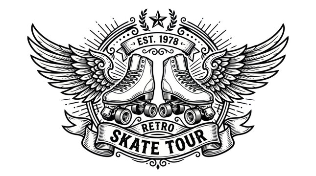 Retro Roller Skate Tour Emblem with Wings, Est. 1978
