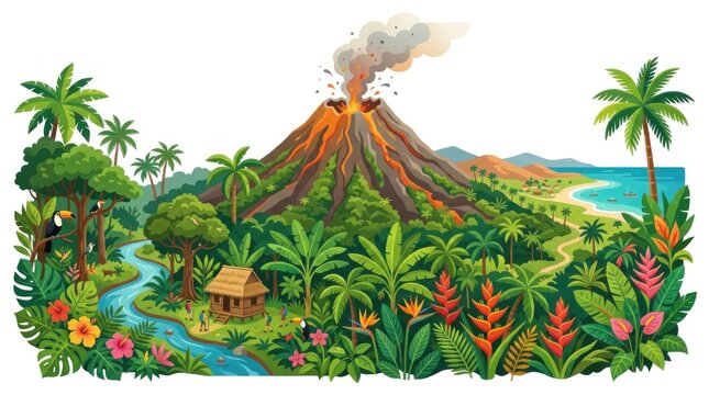 Smoking volcano in tropical jungle island landscape.