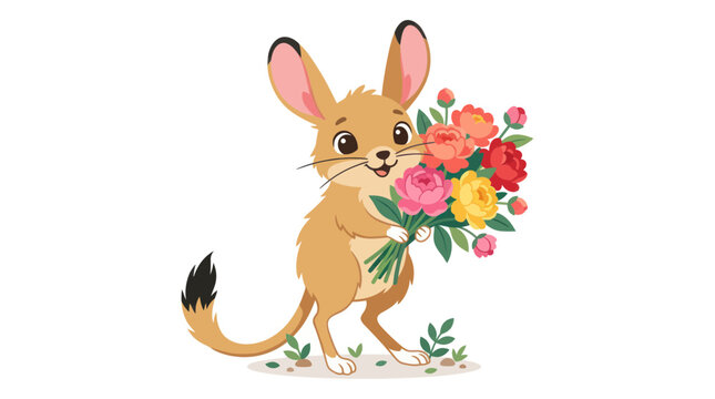 Cute Desert Jerboa Holding a Bouquet of Colorful Flowers