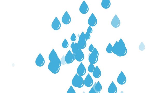 Blue Cartoon Raindrops Animation Flat Vector Water Droplets Floating on White Background Motion Graphic