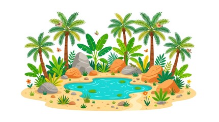 Obraz premium Tropical oasis with palm trees and water pond
