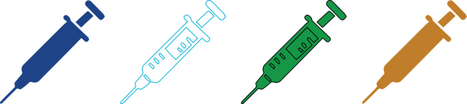 Medical syringe icon set with 4 colorful vector illustrations. Healthcare injection symbols for vaccination, medicine, and clinical treatment graphics.
