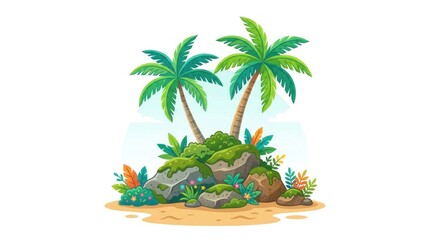 Fototapeta premium Two palm trees on small tropical rock formation.