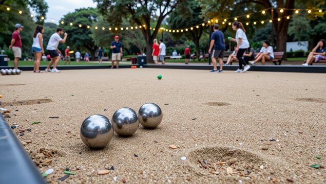 People playing bocce ball on a sandy court in a park setting with string lights at twilight