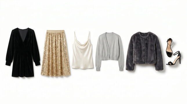 Top-down fashion flat-lay of six coordinated glamour party wardrobe pieces arranged left-to-right on a clean white background
