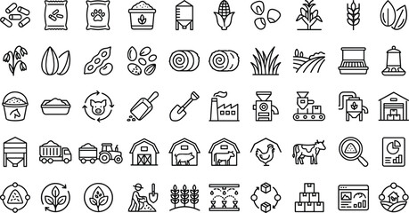 Fototapeta premium Agriculture and farming line icon set featuring crops, livestock, harvesting, food production and agribusiness concepts