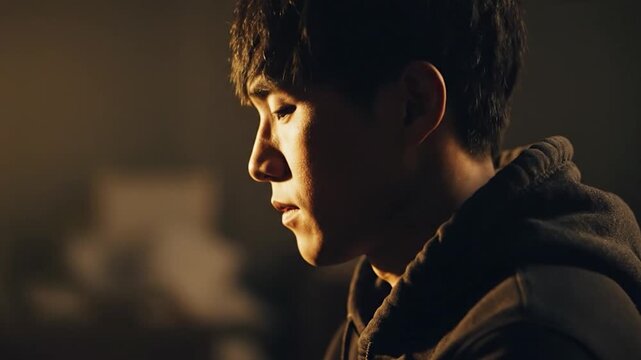 A young man looks forward with a serious and focused expression