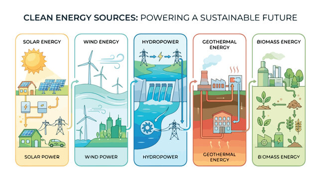 Infographic of clean energy sources for eco sustainability featuring 2D vector illustrations of solar wind hydropower geothermal and biomass power systems