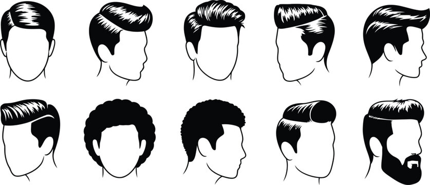 Modern Men Hairstyles Silhouette Collection Vector Set Featuring Pompadour Undercut Afro Haircuts and Barber Style Icons
