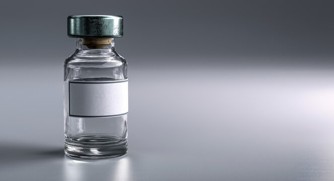 a sterile glass vial, commonly used for medication, is shown in a studio shot